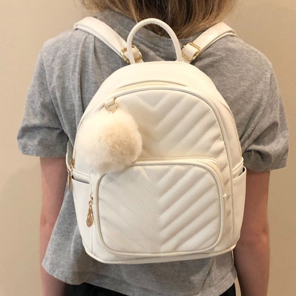 NWOT Mini Backpack Pom Cute Small Backpack Purse Vegan Leather White Cream Bag - Picture 13 of 16